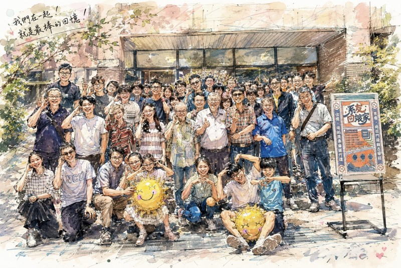 系友回娘家大合照的手繪水彩風格版本：數十位系友與師長在鴻經館門口合影，左上角寫著「我們在一起！就是最棒的回憶！」
